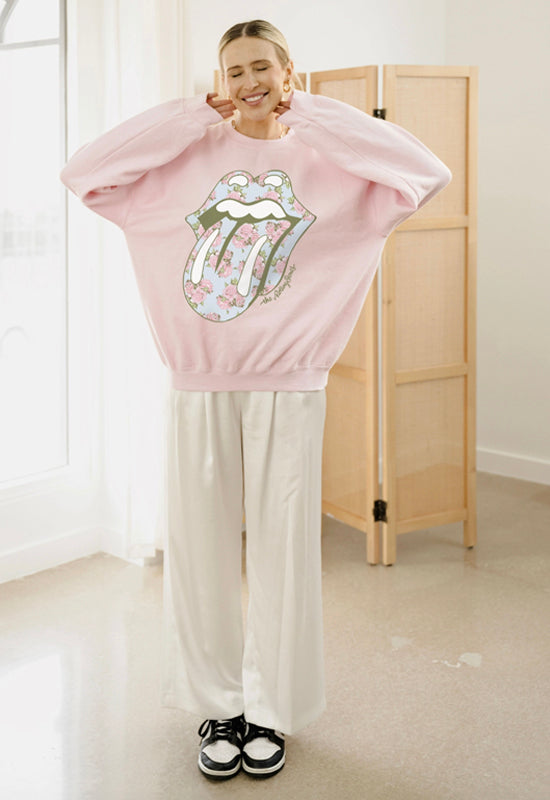LivyLu - Rolling Stones Floral Thrifted Sweatshirt Pink
