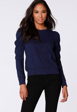 Bobi - Pleated Crewneck Long Sleeve Tee Harbor