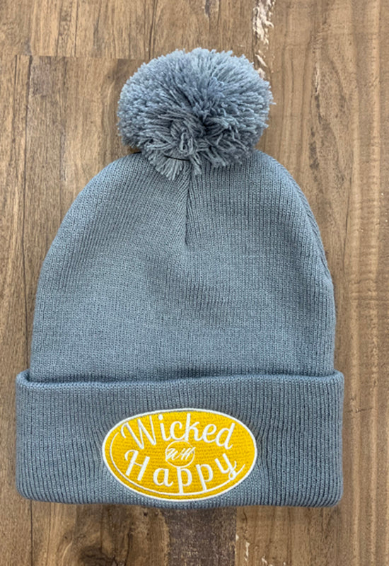 Wicked Happy - Grey Pom Pom Beanie with Yellow Logo