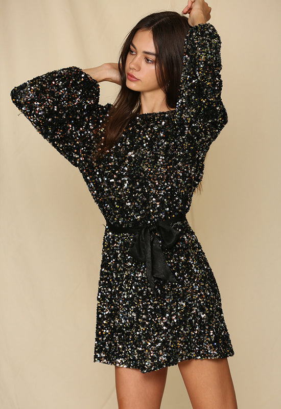 Multi Sequin Tie Waist Dress - Black Multi Sequin