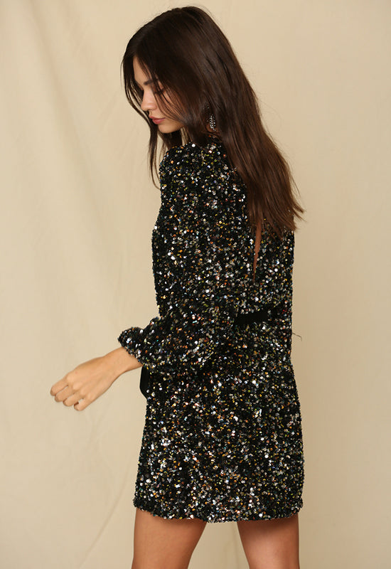 Multi Sequin Tie Waist Dress - Black Multi Sequin