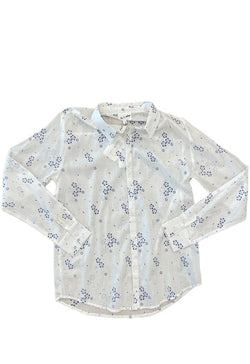 The Nu Vintage - Long Sleever Button Down Top White Blue Flower