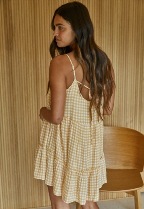 Gingham Ruffle Dress Mustard Ivory