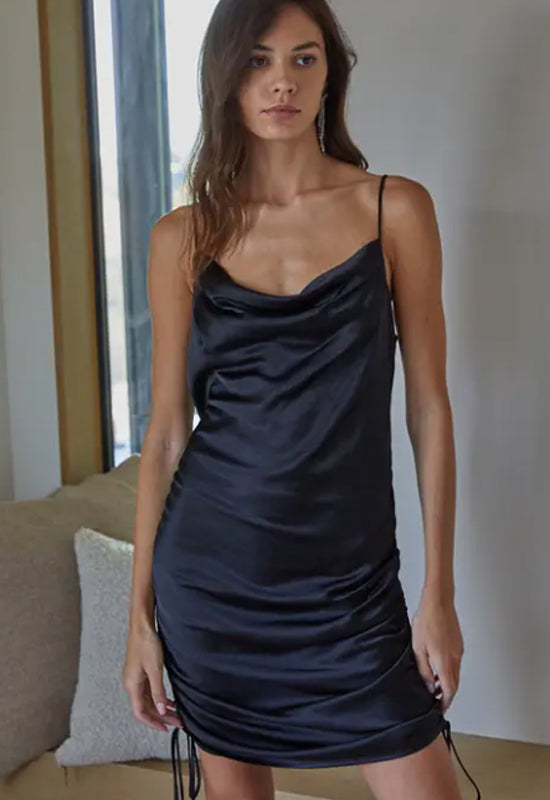 ruched black satin dress Black Satin Ruched Cup Maxi Dress