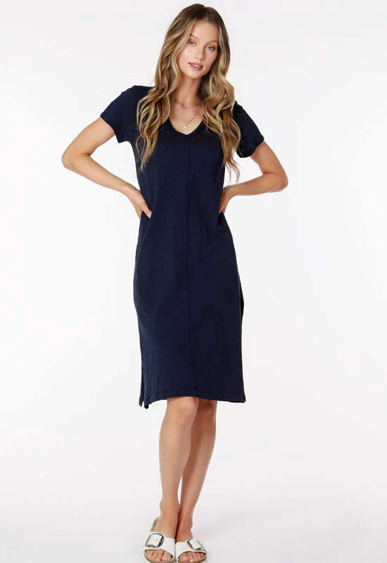 Bobi -Raw Edge V-Neck Midi Dress Dark Navy