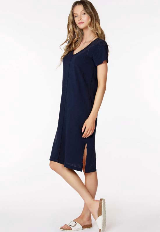 Bobi -Raw Edge V-Neck Midi Dress Dark Navy