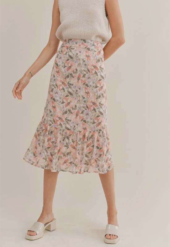 Sadie & Sage - Dune Flowers Midi Skirt Ivory Apricot