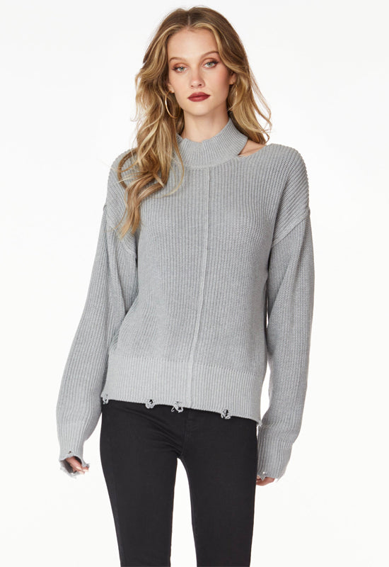 Bobi Shoulder Cut Out Turtleneck Sweater Heather Grey