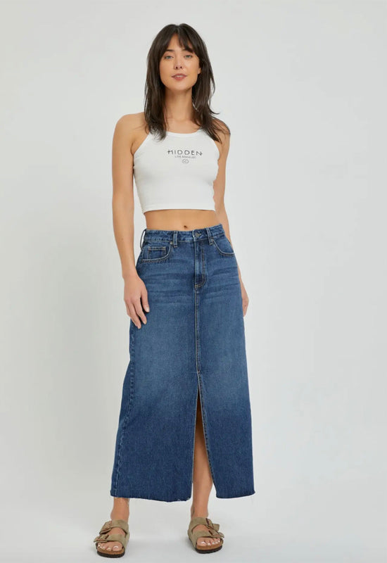 Hidden Jeans - Peyton High Rise Denim Midi Skirt Dark Denim