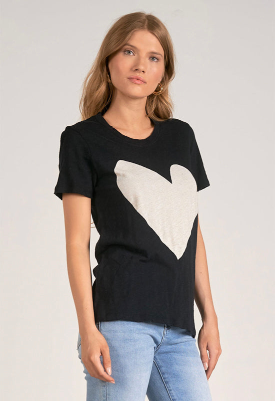 Elan - Heart T-Shirt Crew Neck Black White Heart