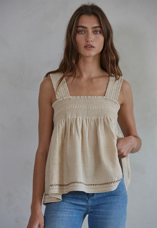 Woven Square Neck Sleeveless Top - Light Taupe