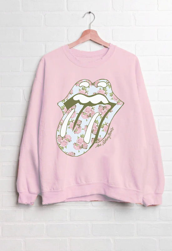 LivyLu - Rolling Stones Floral Thrifted Sweatshirt Pink