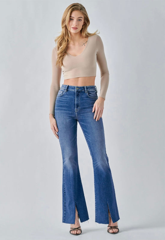 Hidden - Clean Front Slit Inseam Flare Jean Medium Denim