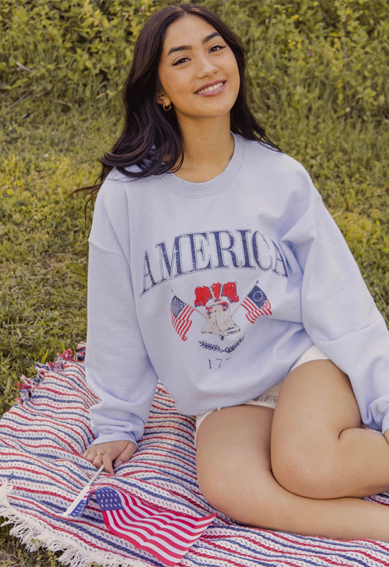 LivyLu - Thrifted 4th of July American Bell Sweatshirt Light Blue