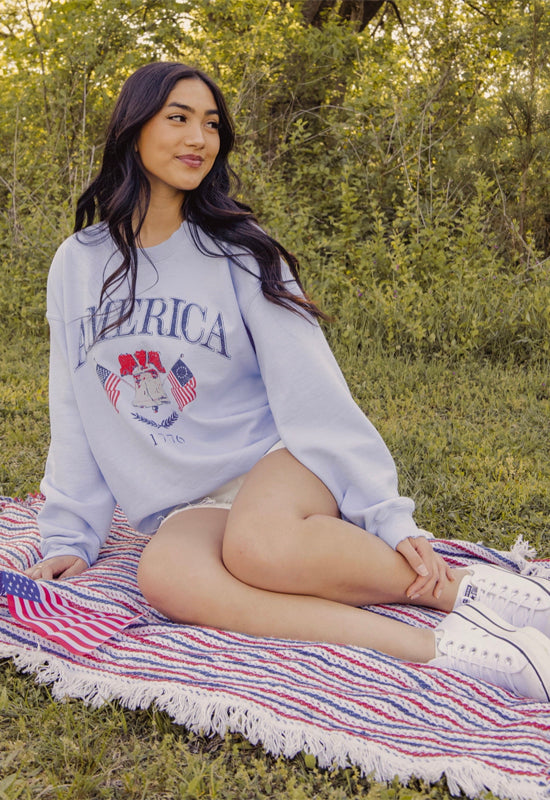 LivyLu - Thrifted 4th of July American Bell Sweatshirt Light Blue