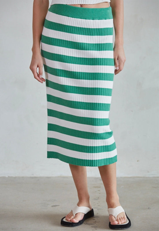 Knit Ribbed Sweater Midi Skirt - Green White