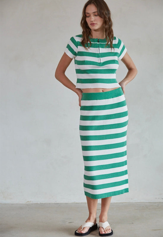 Knit Ribbed Sweater Midi Skirt - Green White