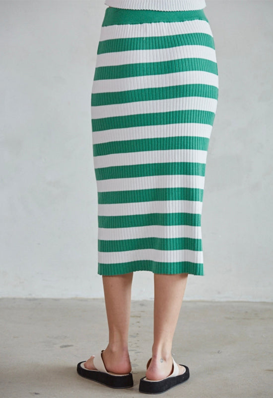 Knit Ribbed Sweater Midi Skirt - Green White