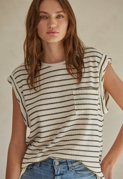 Round Neck Stripe Top - Cream Olive