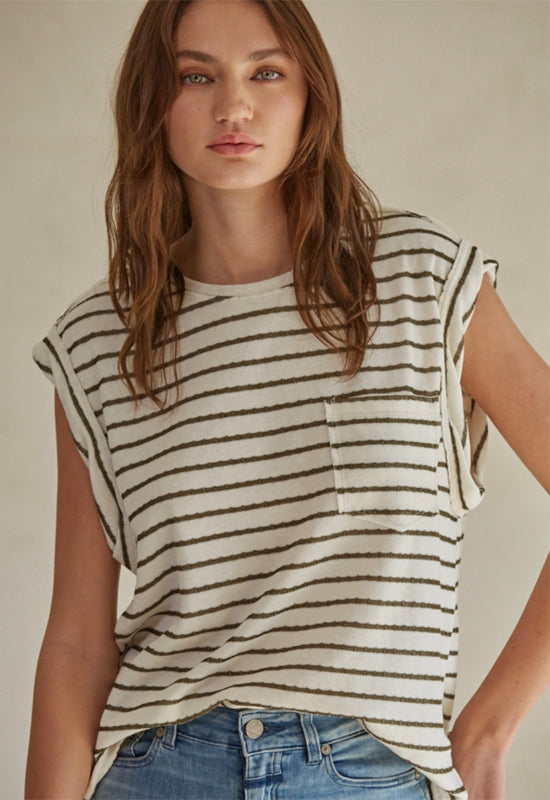 Round Neck Stripe Top - Cream Olive