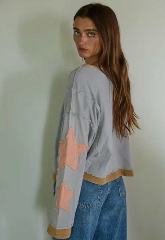 Pullover Top with Star Detail - Washed Blue