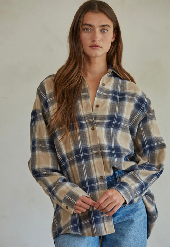 Button Down Flannel Shirt - Taupe Navy