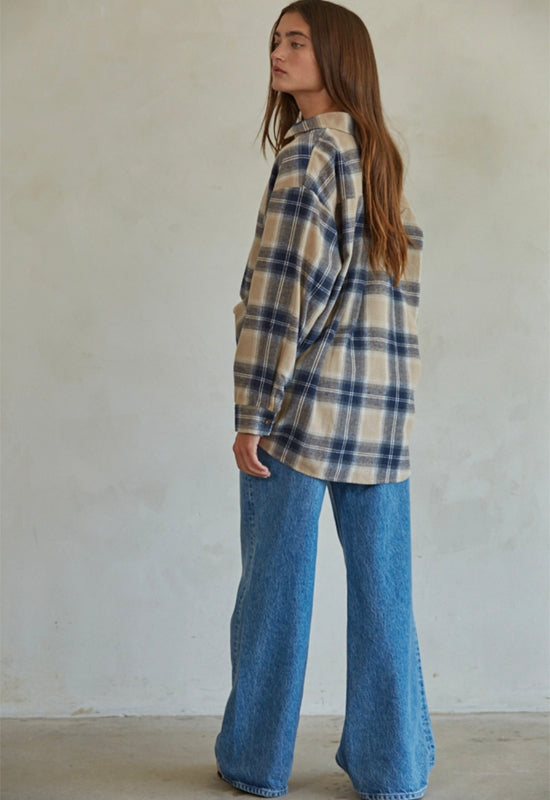 Button Down Flannel Shirt - Taupe Navy