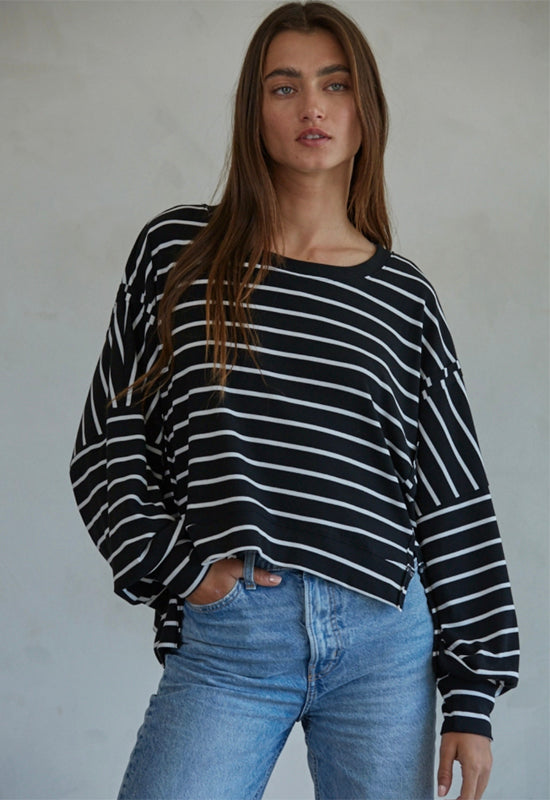 Knit Ribbed Striped Pullover - Black