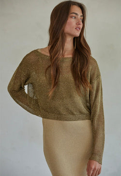 Knit Lurex Long Sleeve Crop Top - Bronze