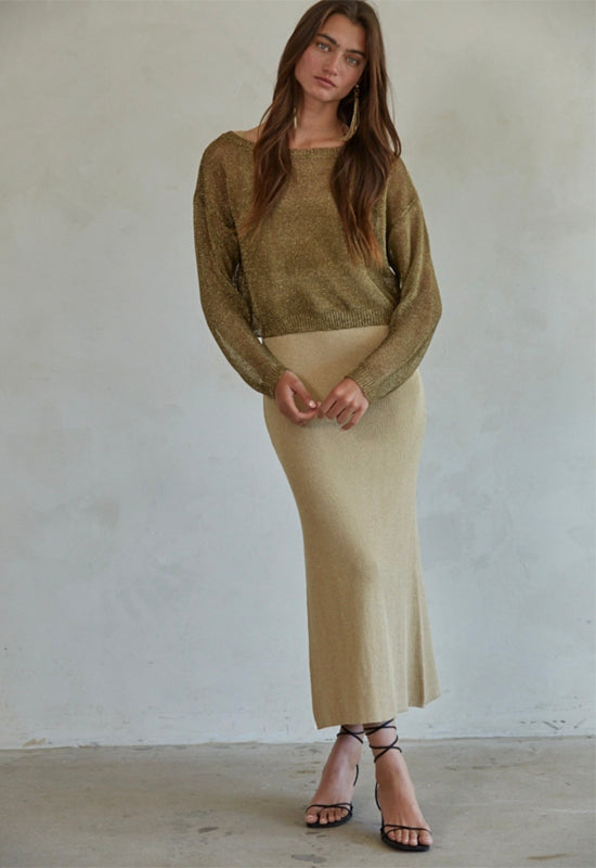 Knit Lurex Long Sleeve Crop Top - Bronze