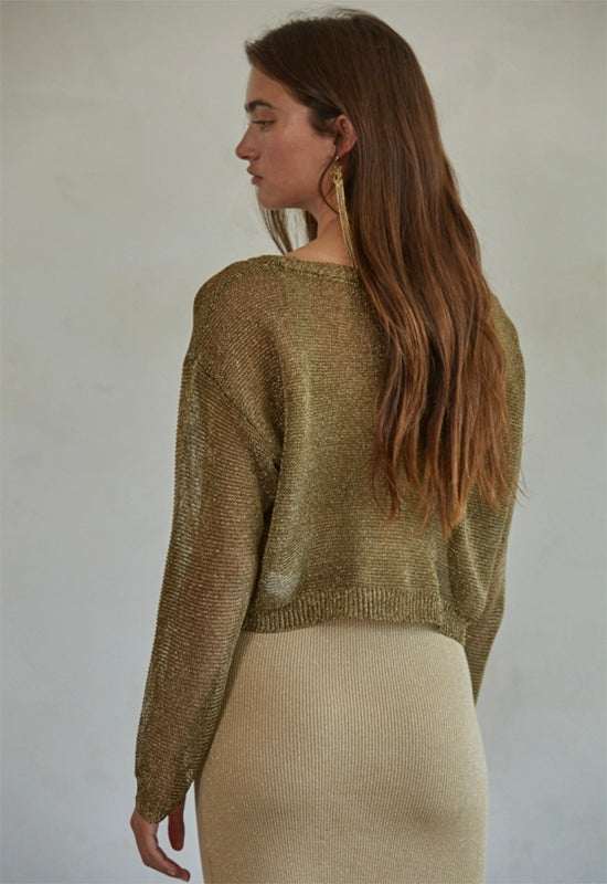 Knit Lurex Long Sleeve Crop Top - Bronze