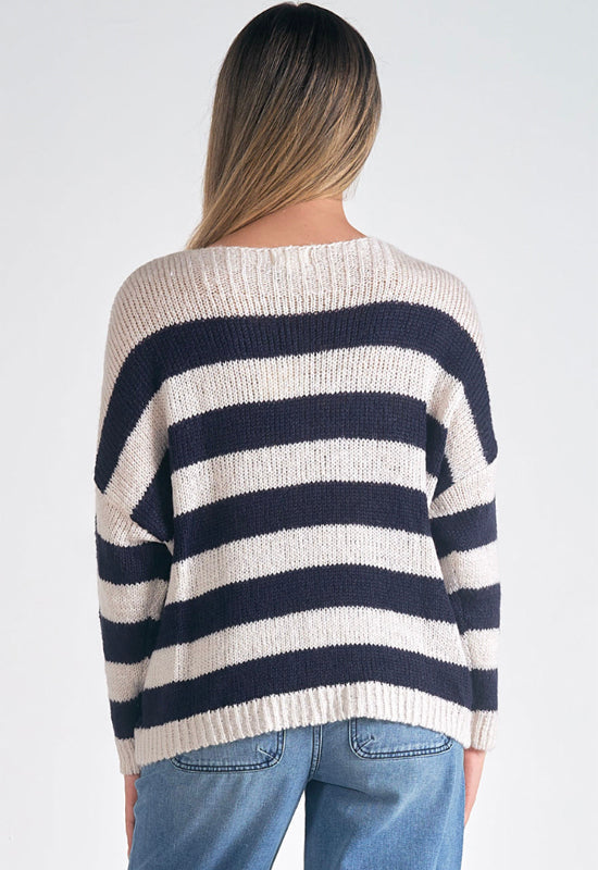 Elan - V-Neck Stripe Sweater Navy Natural