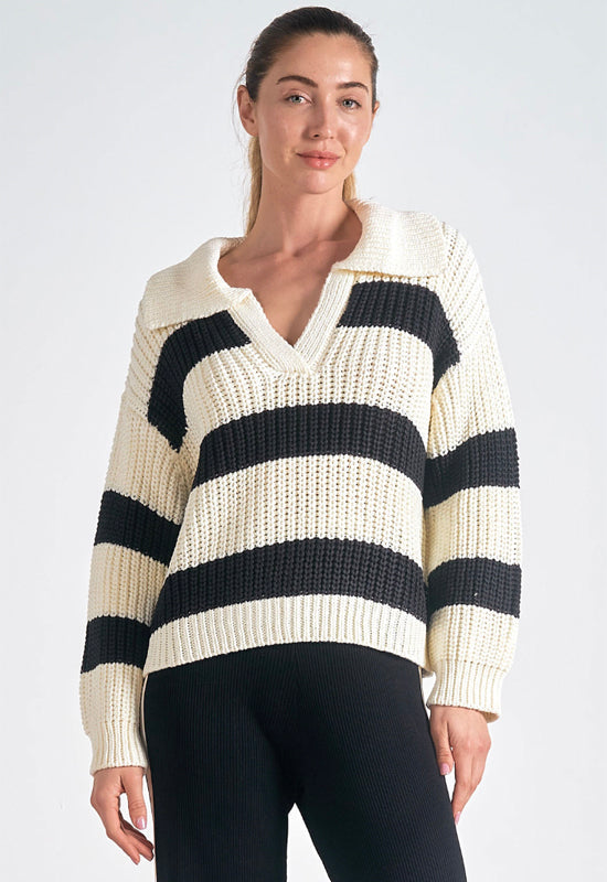 Elan - V-Neck Collared Sweater Black White Stripe