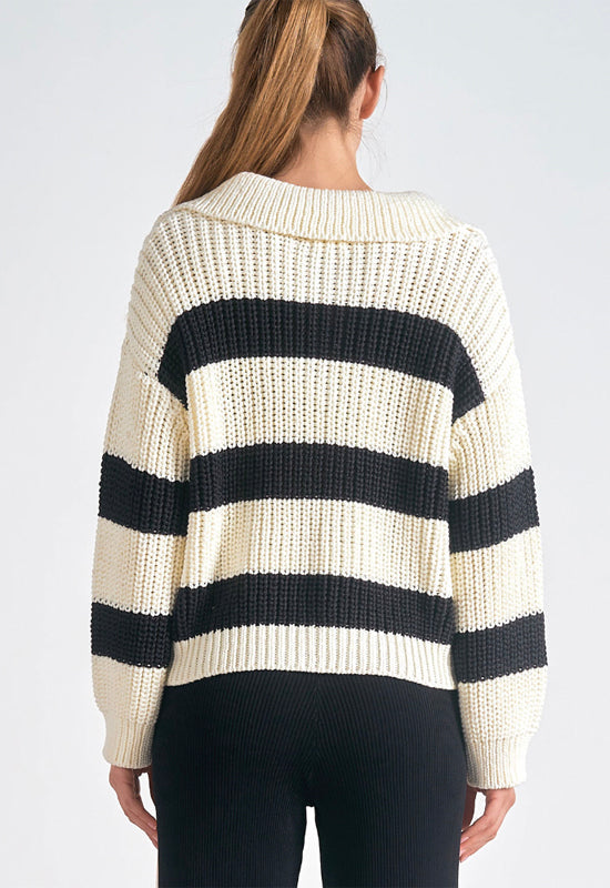 Elan - V-Neck Collared Sweater Black White Stripe