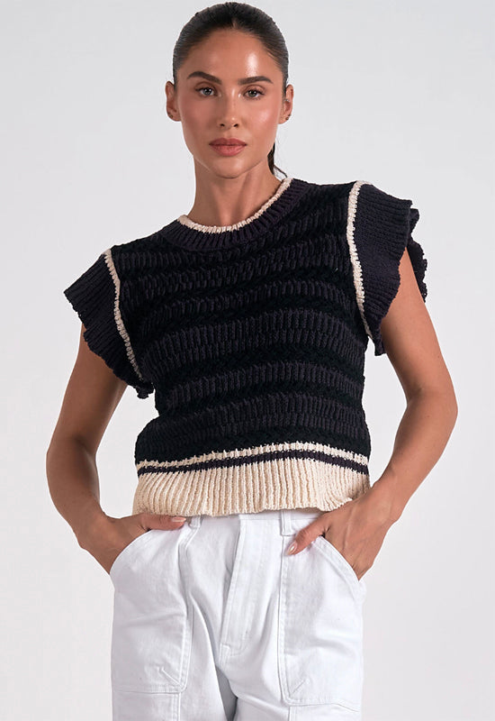 Elan - Flutter Sleeve Short Sweater Black Beige