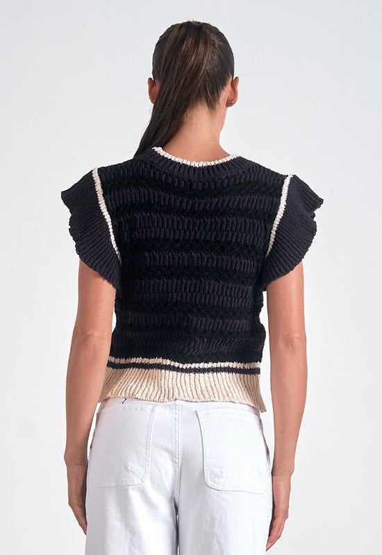 Elan - Flutter Sleeve Short Sweater Black Beige