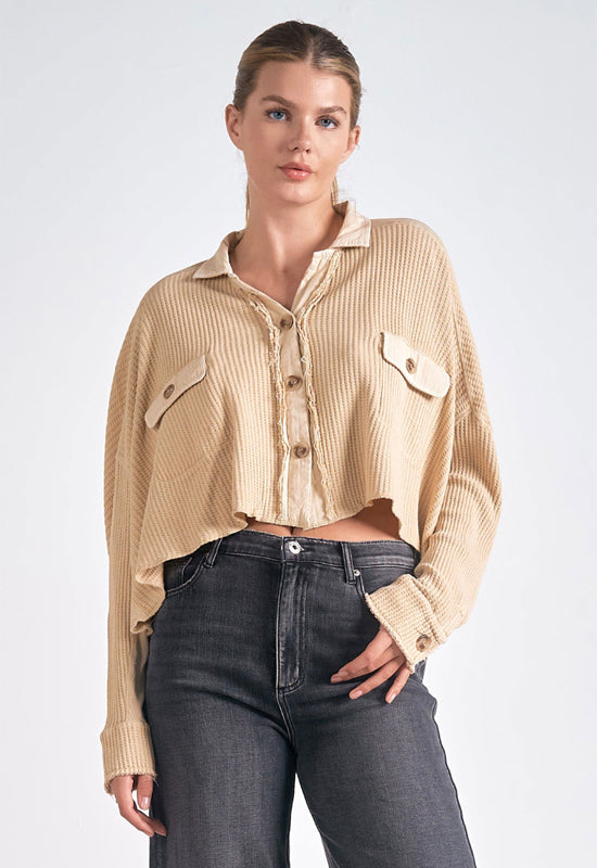 Elan - Crop Button Down Jacket Tan