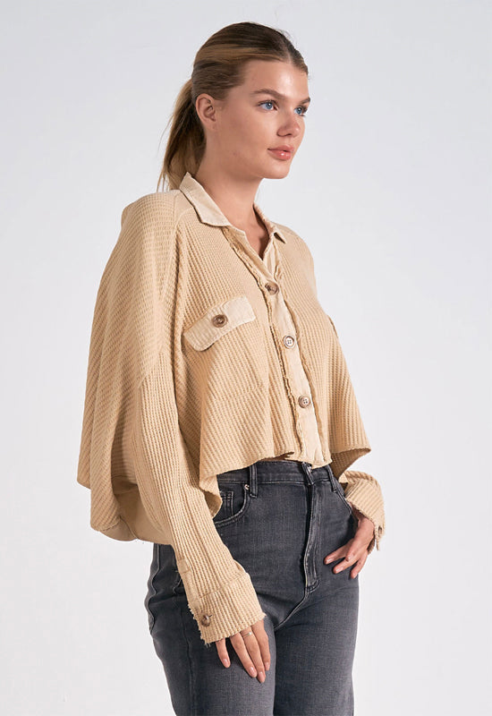 Elan - Crop Button Down Jacket Tan