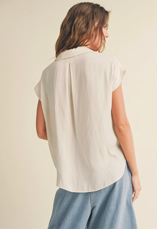 Button Down Cap Sleeve Shirt - Cream