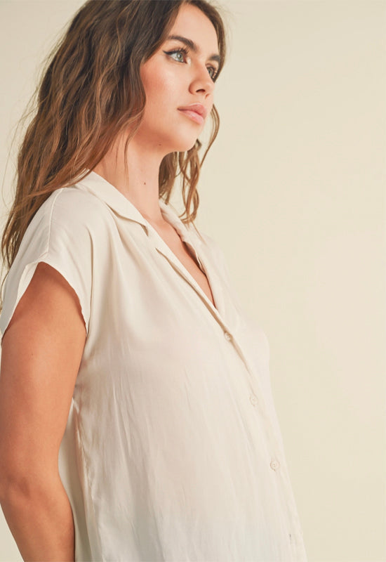 Button Down Cap Sleeve Shirt - Cream