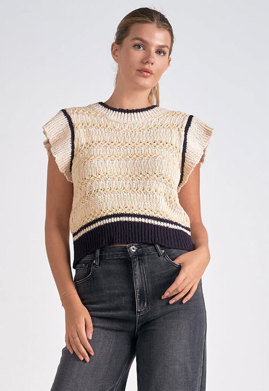 Elan - Cap Sleeve Crew Neck Sweater Beige Blue