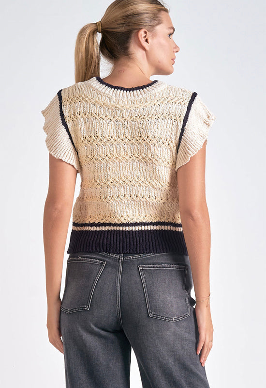 Elan - Cap Sleeve Crew Neck Sweater Beige Blue