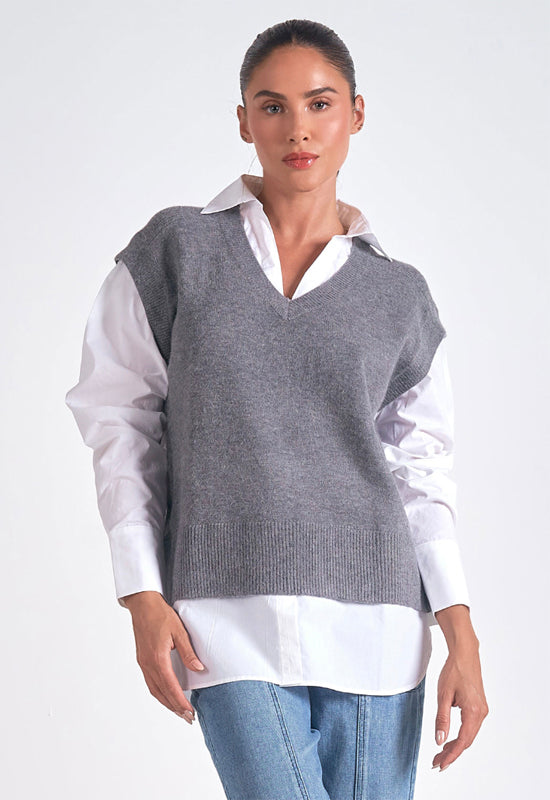 Elan - Sweater Vest Shirt Combo Grey White