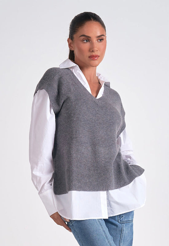 Elan - Sweater Vest Shirt Combo Grey White