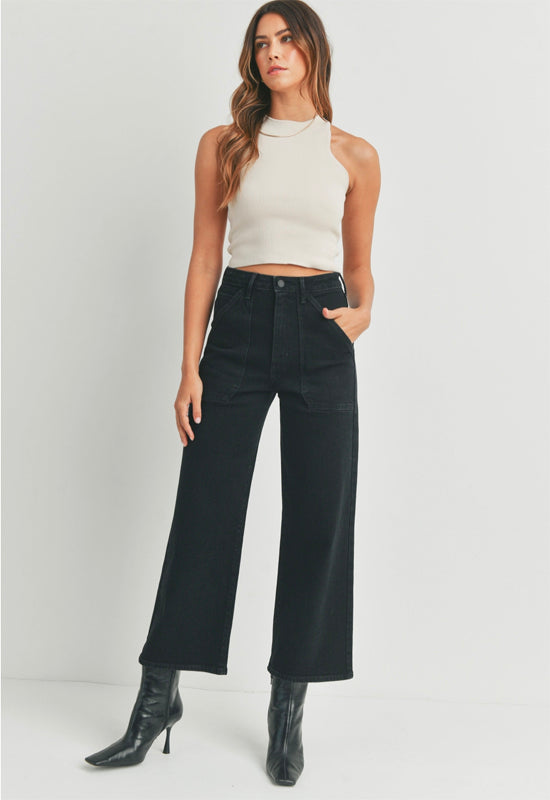 Just Black - High Rise Cargo Pocket Wide Leg Jean Black