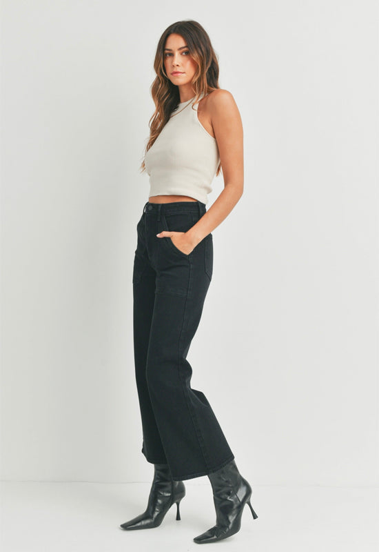 Just Black - High Rise Cargo Pocket Wide Leg Jean Black