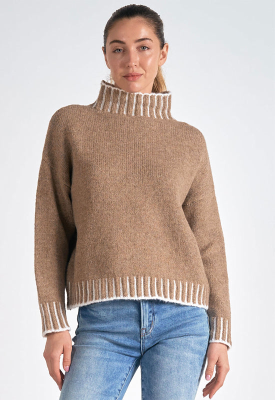 Elan - Sweater with White Stitch Detail Tan