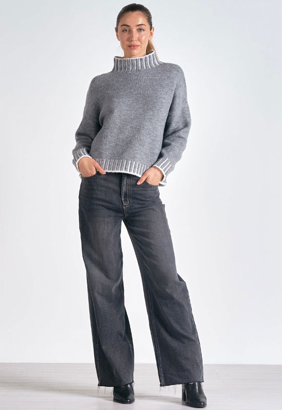 Elan - Sweater with White Stitch Detail Charcoal