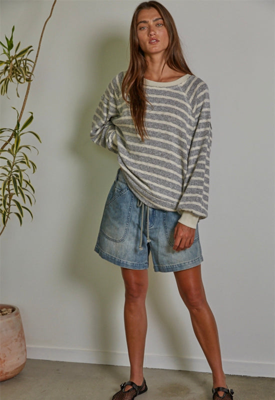 Knit Striped Pullover Top - Cream Grey