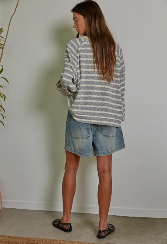 Knit Striped Pullover Top - Cream Grey